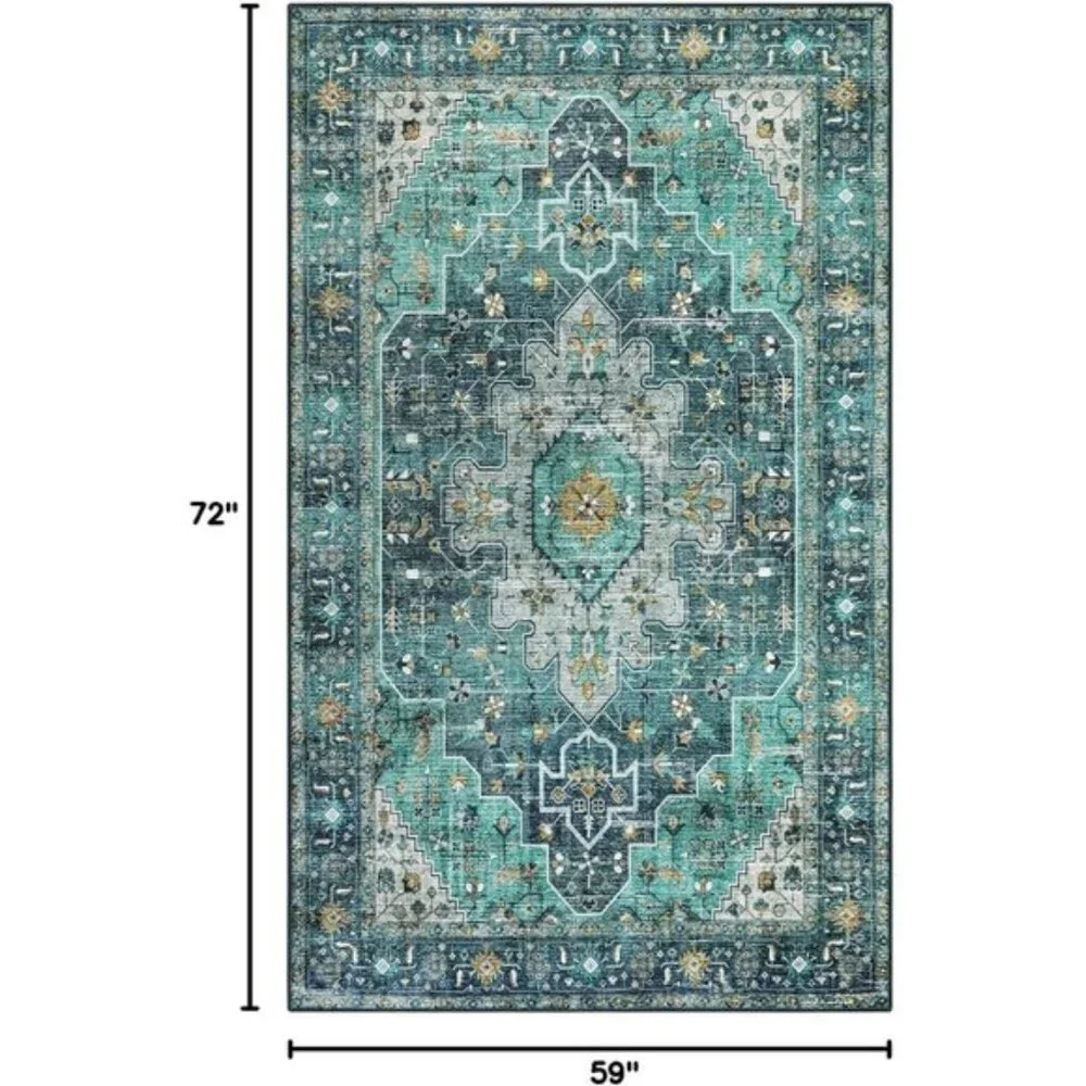 New 5x7 Teal Vintage Area Rug, Ultra-Thin, Washable, Non-Slip Medallion Carpet
